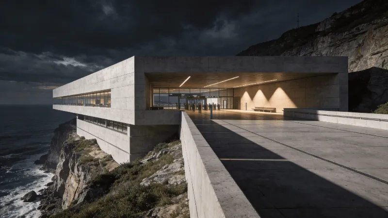 Terminal with Brutalist Massing — Coastal Cliff
