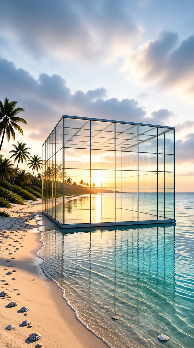A transparent glass cube sits in turquoise water beside a sandy beach with palm trees while the sun shines through it.