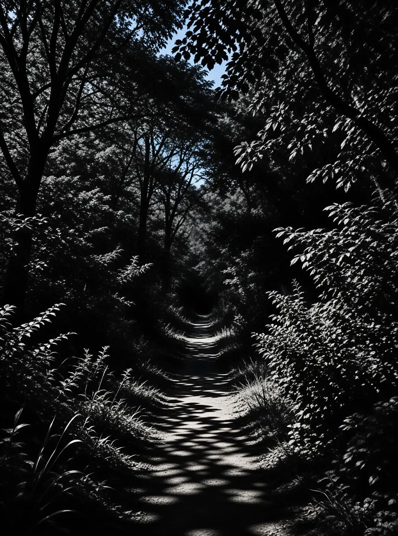A narrow dirt trail winds through a dense forest where sunlight filters through the leaves creating a patterned path.