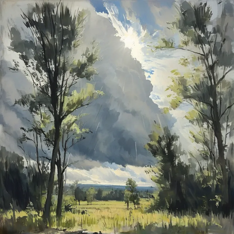 Two tall trees edge a bright green pasture, with sunlight breaking through heavy grey clouds to illuminate the open landscape.