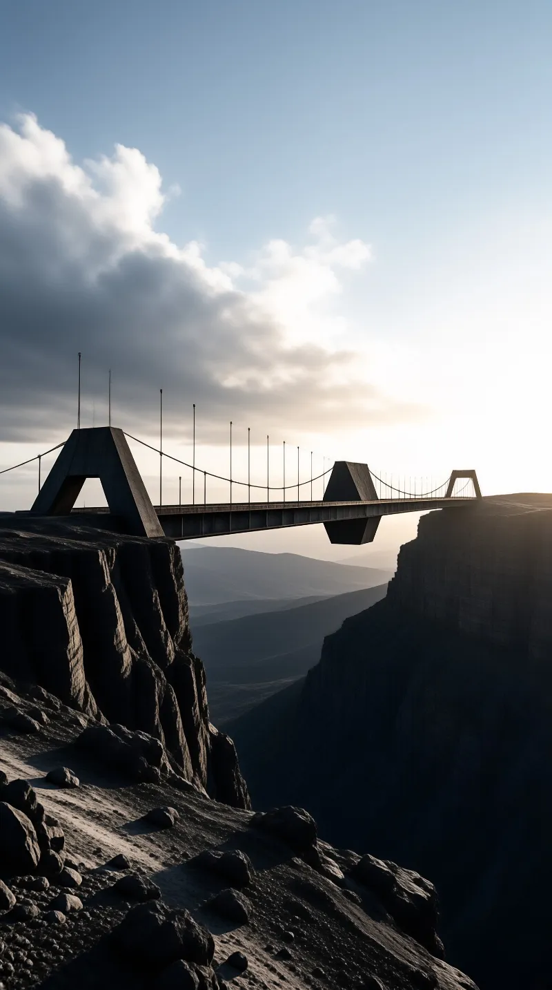 A modern bridge with tall pylons and thin cables crosses a rocky gorge against hazy mountains and a bright sky.