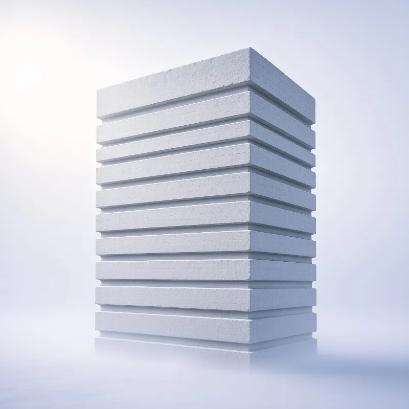 A tall stack of smooth white rectangular slabs rests on a reflective surface against a soft gradient backdrop