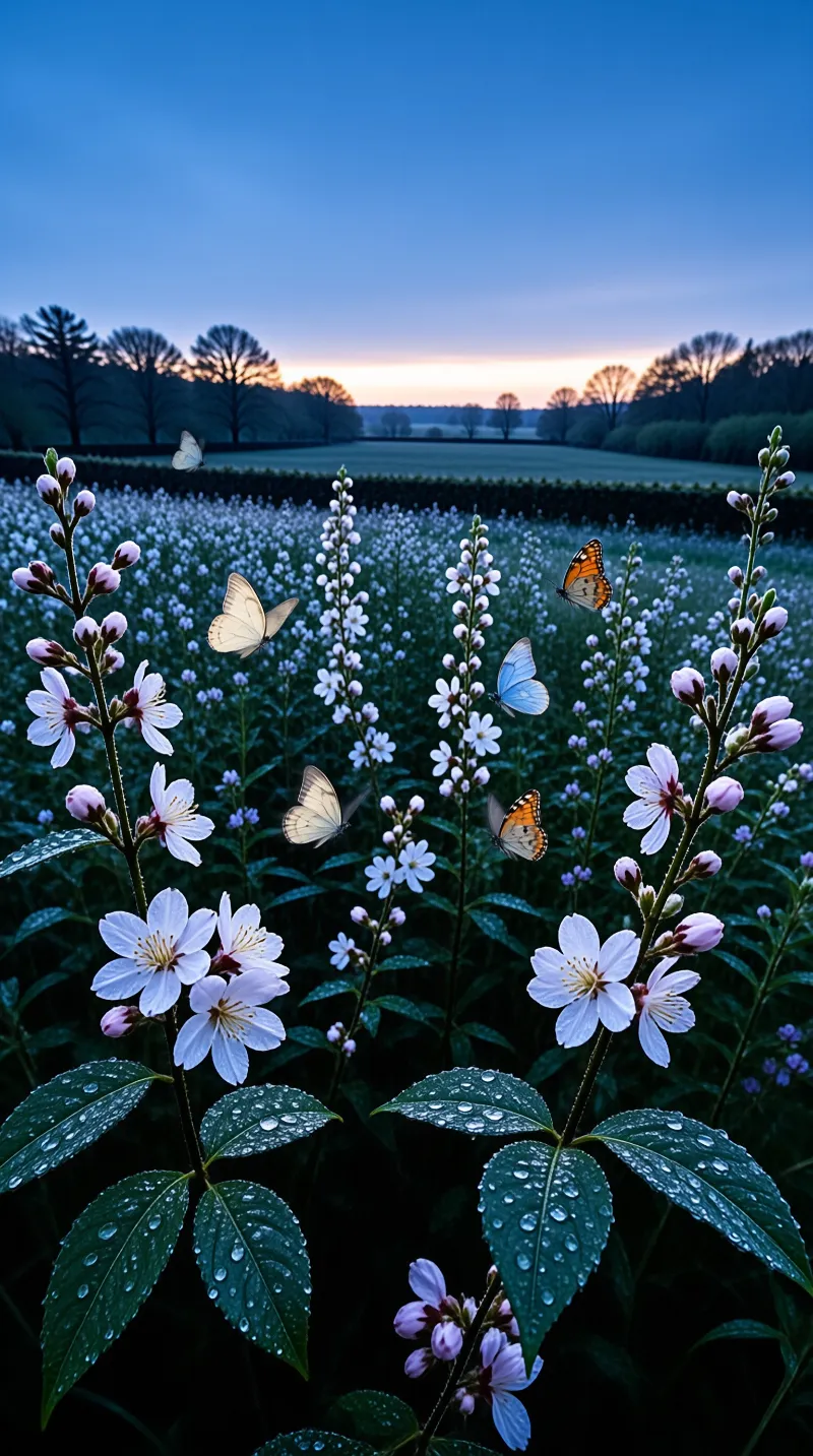 Several colorful butterflies hover around dewy white and purple flowers in a rolling green field under a twilight sky.