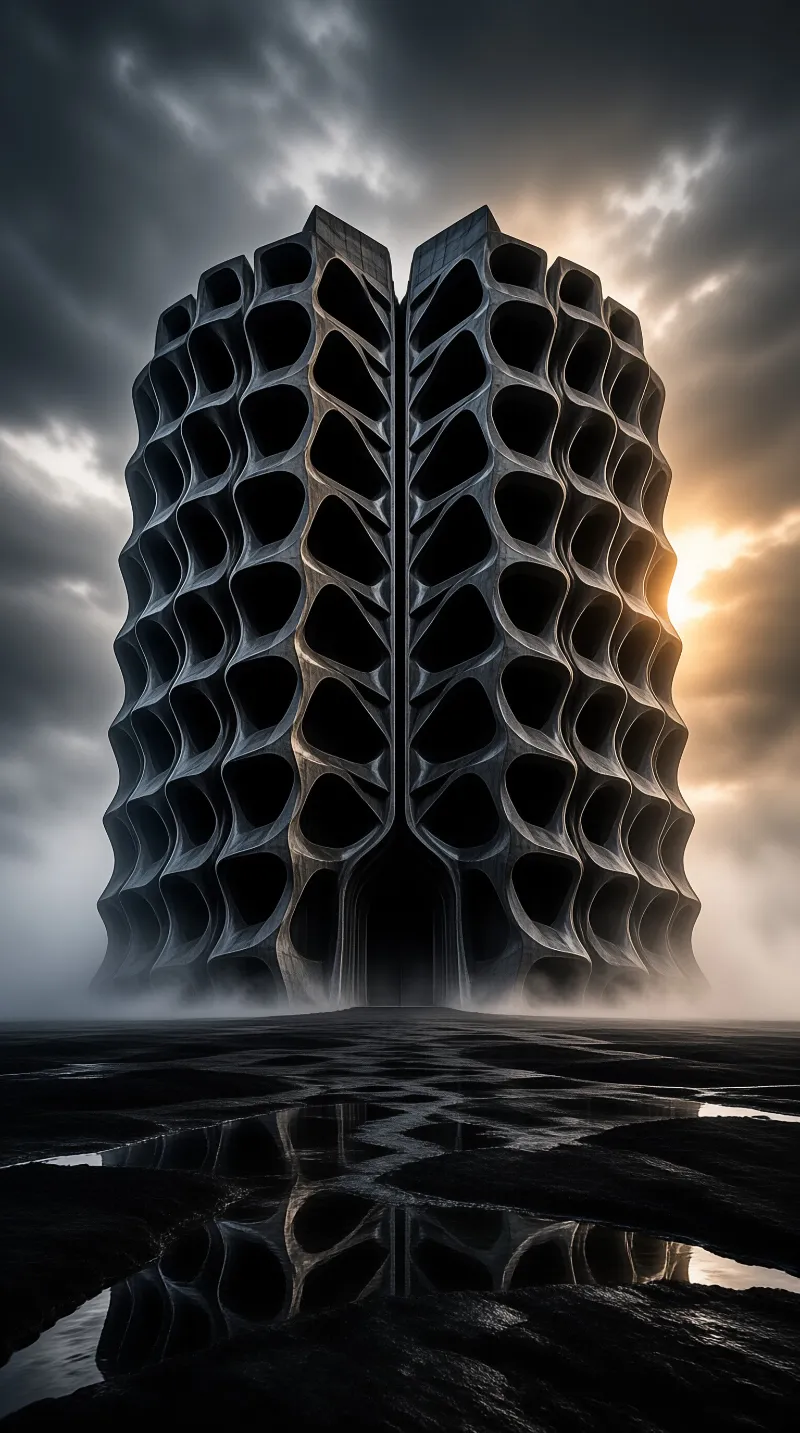 Twin curved towers of hollowed concrete open into dark cavities as low sun breaks through heavy cloud behind them.