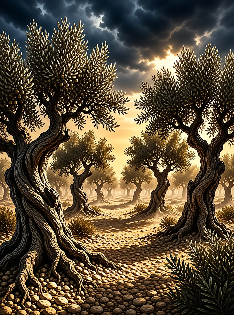 Ancient gnarled olive trees flank a sunlit stony path receding into a hazy grove beneath stormy sky with breaking warm golden light.