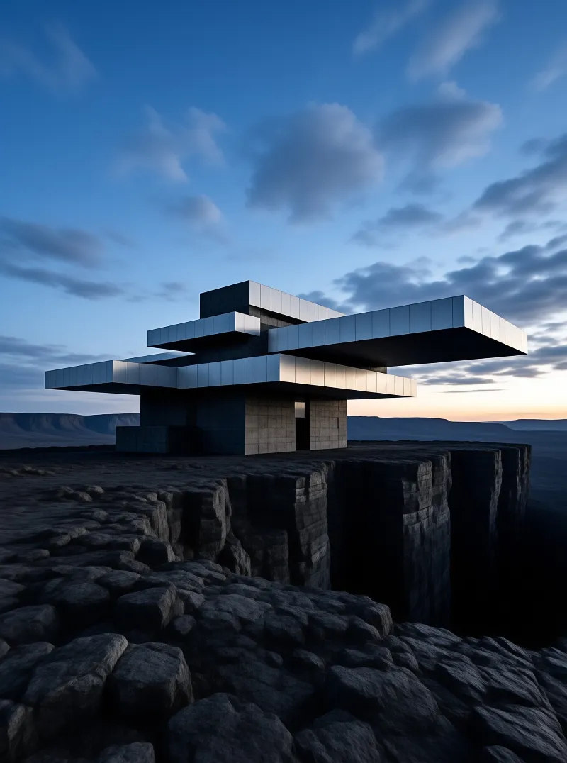 A geometric structure sits on a jagged rocky cliff edge while the sky reveals a band of orange light on the horizon.