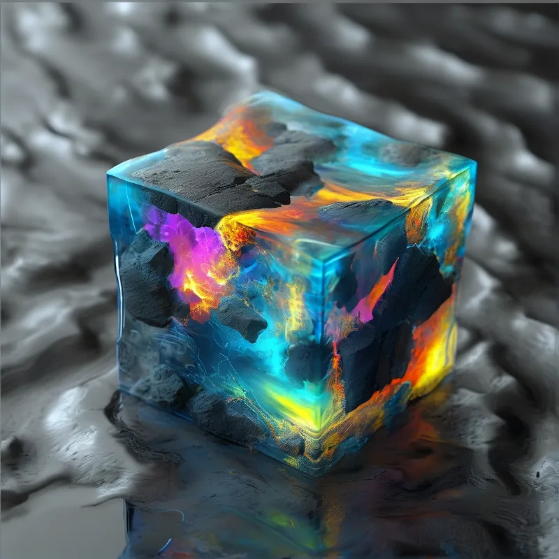 A clear glass cube on a gray surface holds jagged dark rocks glowing with cyan orange and purple light