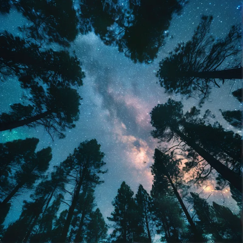 Tall dark coniferous trees ring the vivid pink and blue star filled milky way seen from the forest floor.