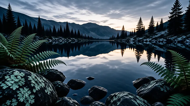 Silhouetted conifers line a still lake at dusk, mirroring orange sunset light, with ferns and lichen-spotted rocks in front.