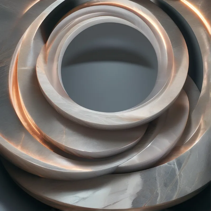 Layered circular forms in smooth grey material with bright copper light tracing the inner curves and shadows.