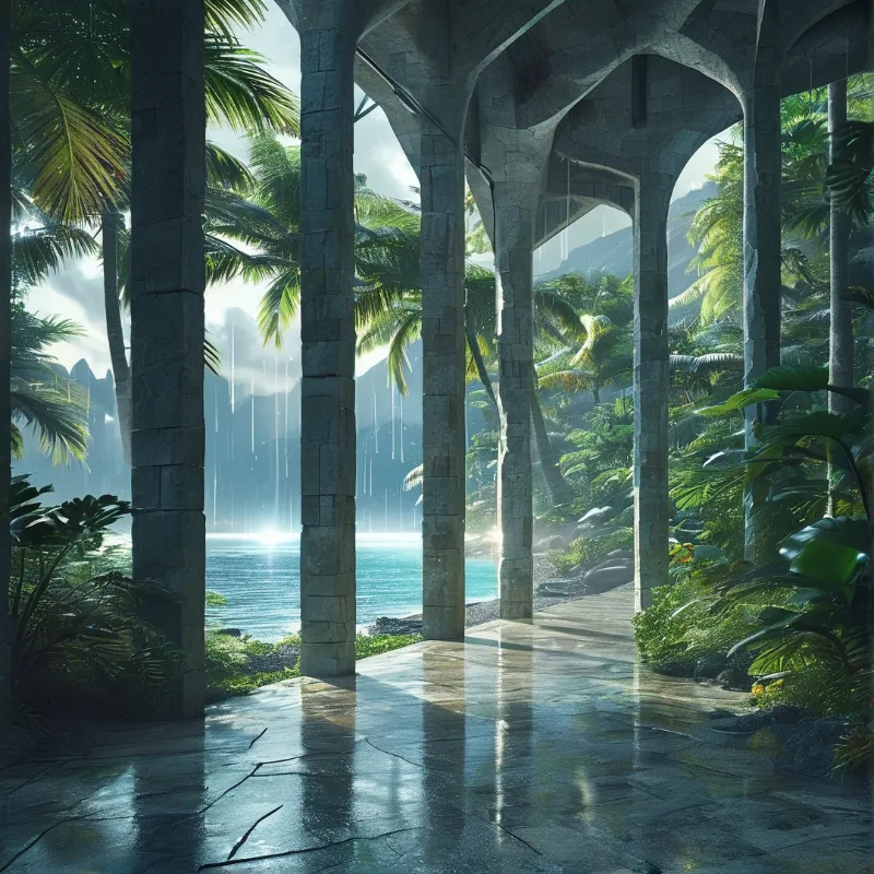 Stone colonnade overlooks a palm lined coast as sunlight cuts through falling tropical rain.
