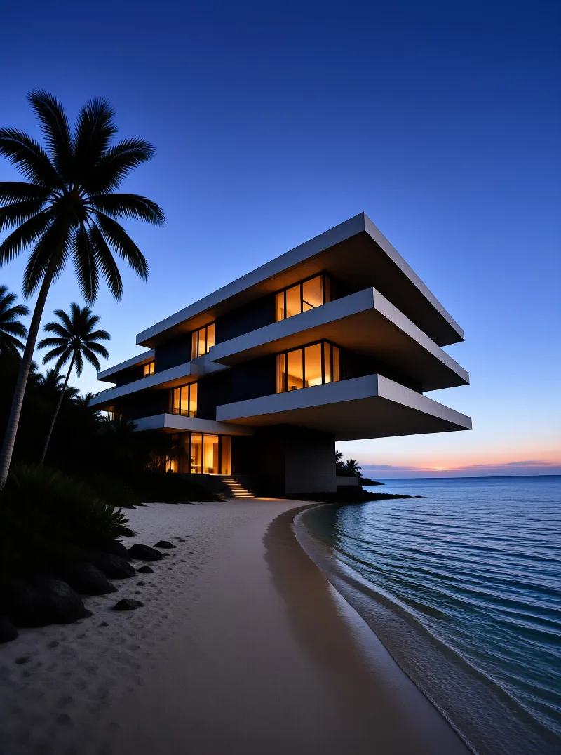 Modern beach residence with warm glowing windows and dark palm silhouettes set against a deep blue twilight ocean.