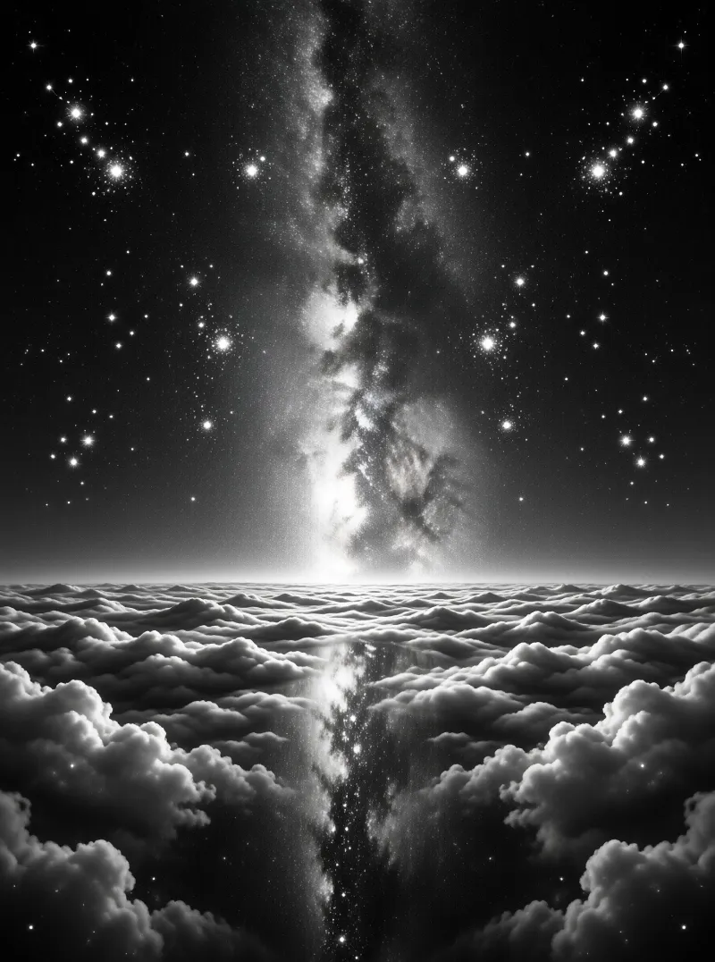 The Milky Way climbs over a rolling sea of clouds, mirrored by a shimmering path across the monochrome night sky.