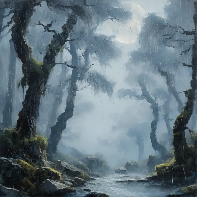 A painterly landscape showing twisted trees and rocks surrounding a stream under a heavy rain and bright moon.