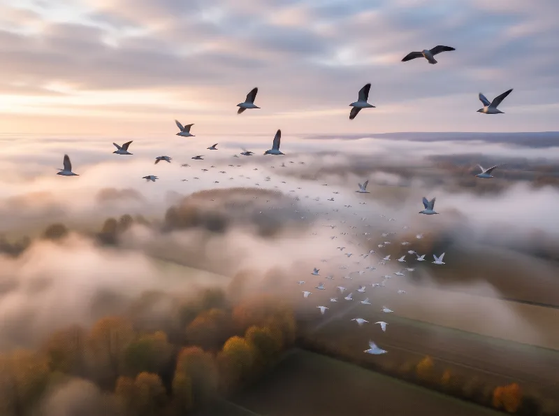 Flock in Misty Landscape