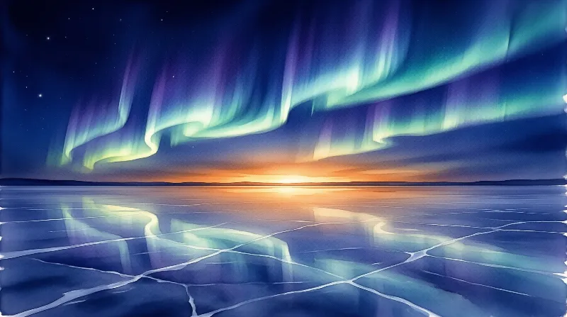 Vibrant green aurora curtains stretch across the night sky and reflect onto the calm surface of a dark sea.