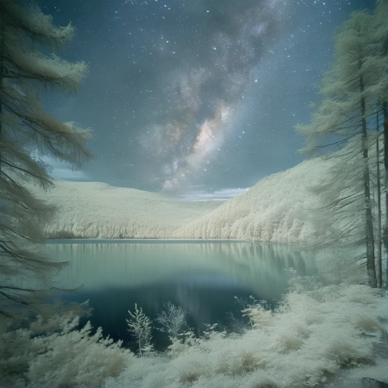 A tranquil winter landscape shows a calm lake surrounded by snow-covered trees and hills under a bright starry sky.