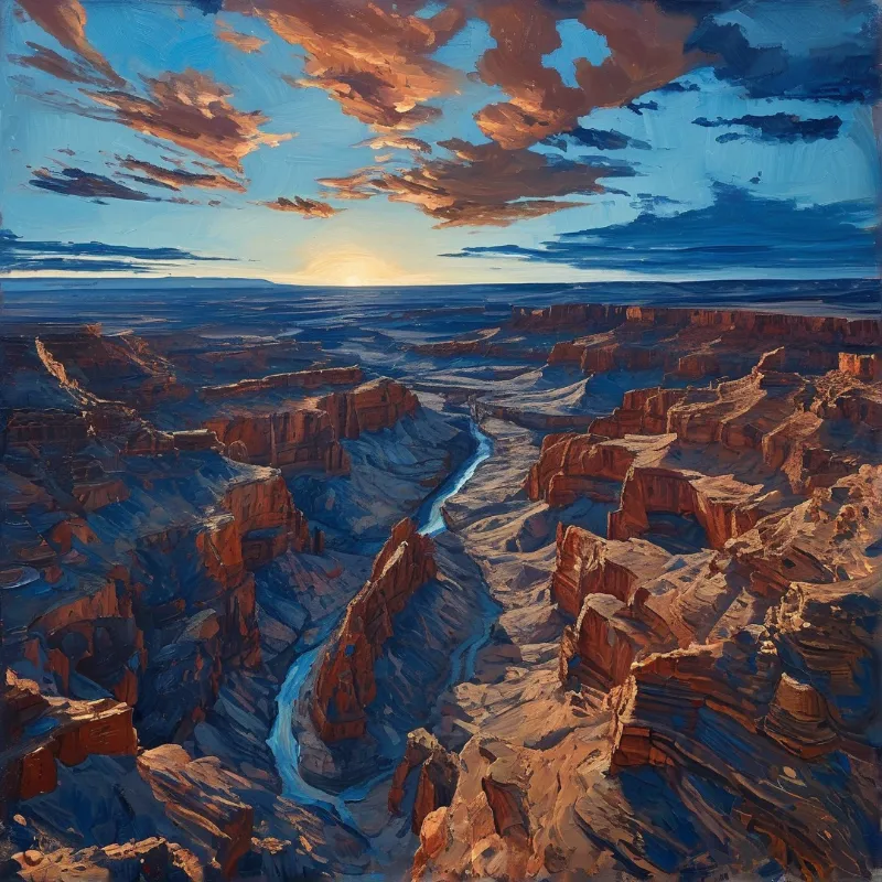 A winding blue river flows through rugged red canyon formations beneath a sky painted with orange and blue clouds.