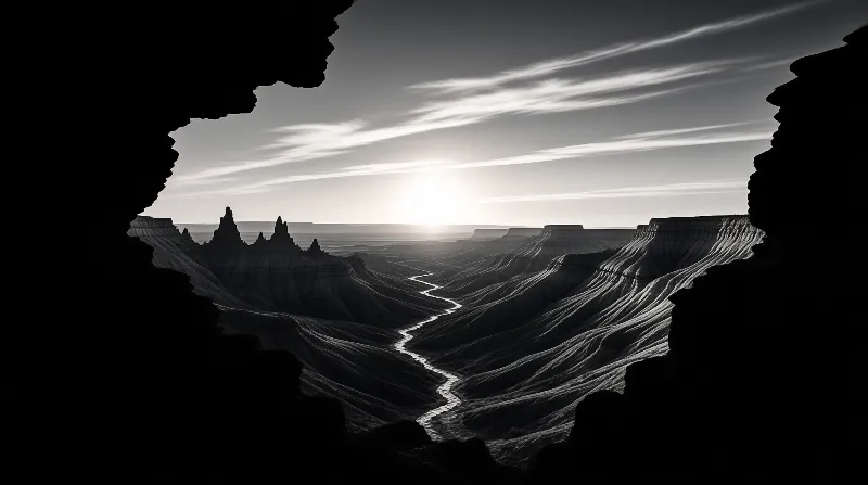 Black and white landscape of a winding river valley seen through a dark rock opening with sunlight on the horizon.