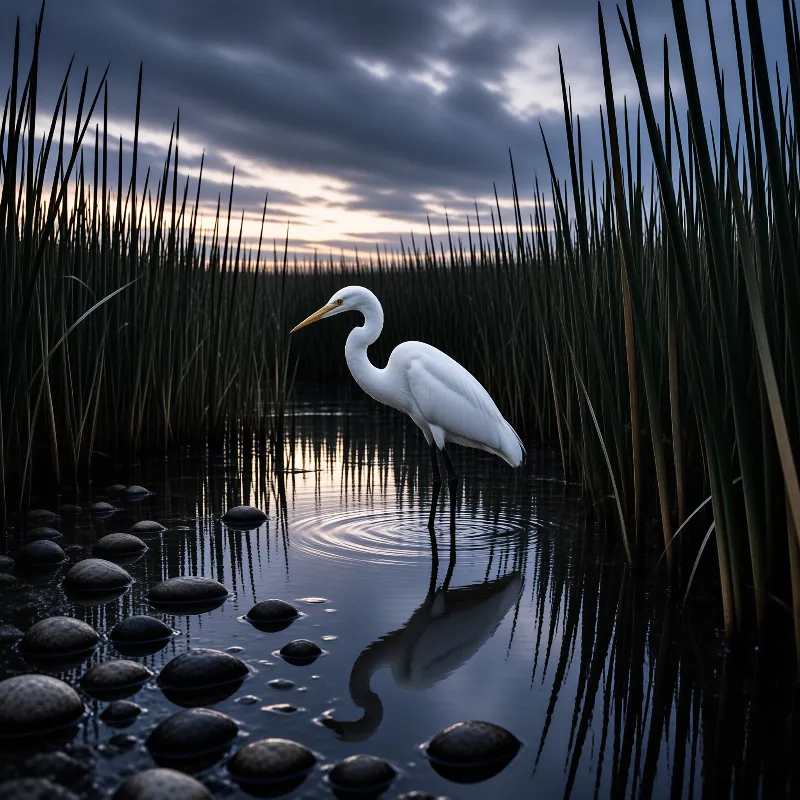 A solitary white egret stands in calm water surrounded by tall reeds and dark stones under a moody twilight sky.