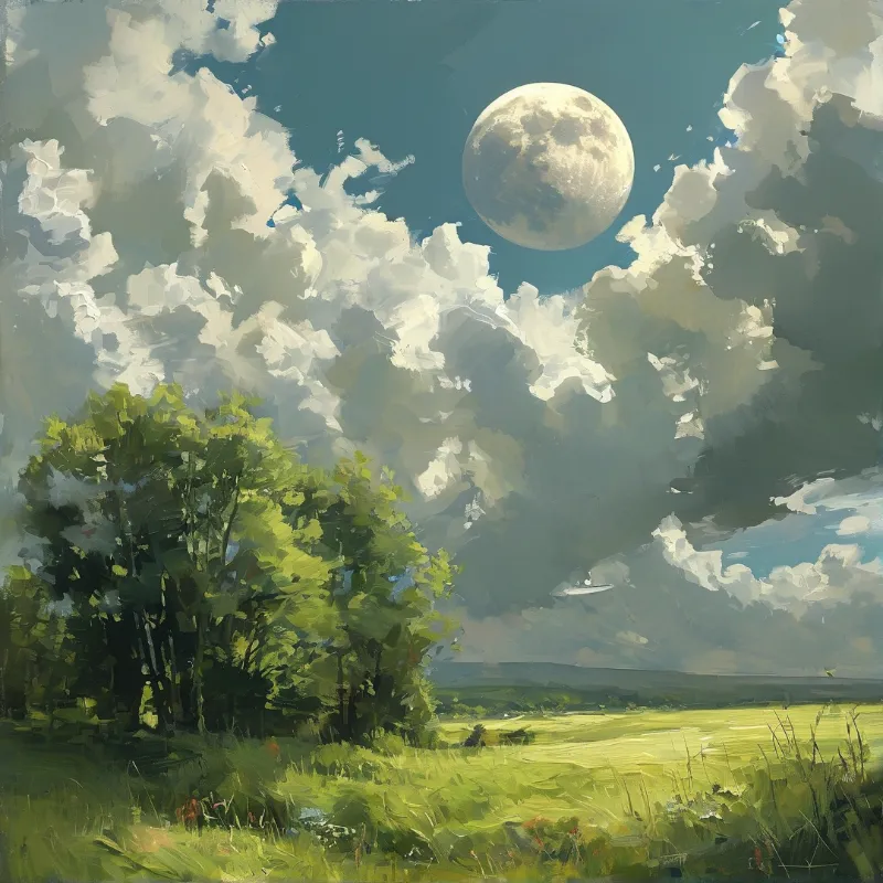 Painterly view of a bright full moon amidst fluffy clouds overlooking verdant trees and an open sunlit meadow below.