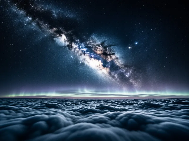 A vast starry sky displays the Milky Way galaxy above a horizon of green aurora and rippled blue sand.