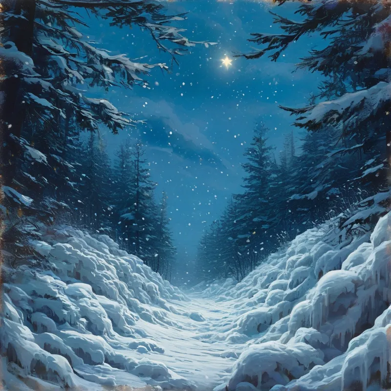 Snow covered pine trees frame a winding winter path under a starry blue sky.