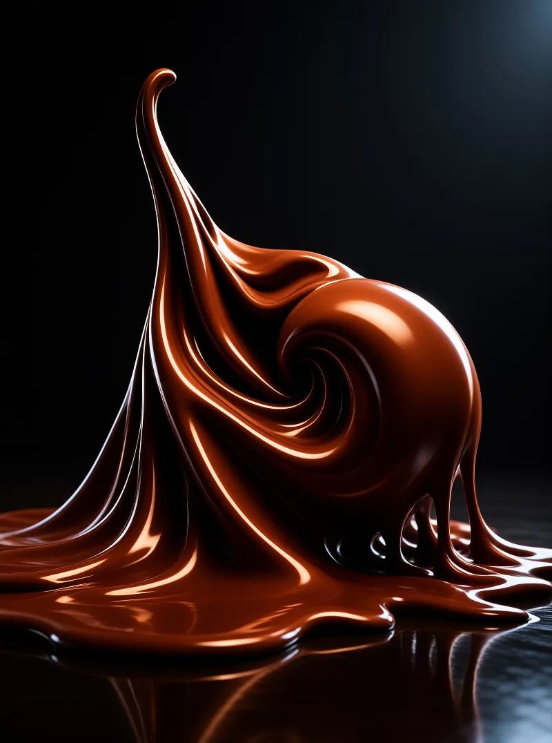 A viscous brown substance creates a spiral shape with bright highlights against a black background.