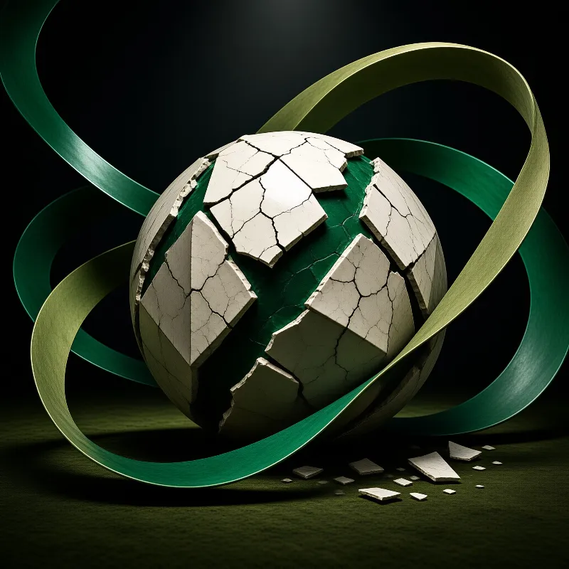 A white cracked sphere reveals a green interior while gold and green ribbons swirl around it on a dark surface.