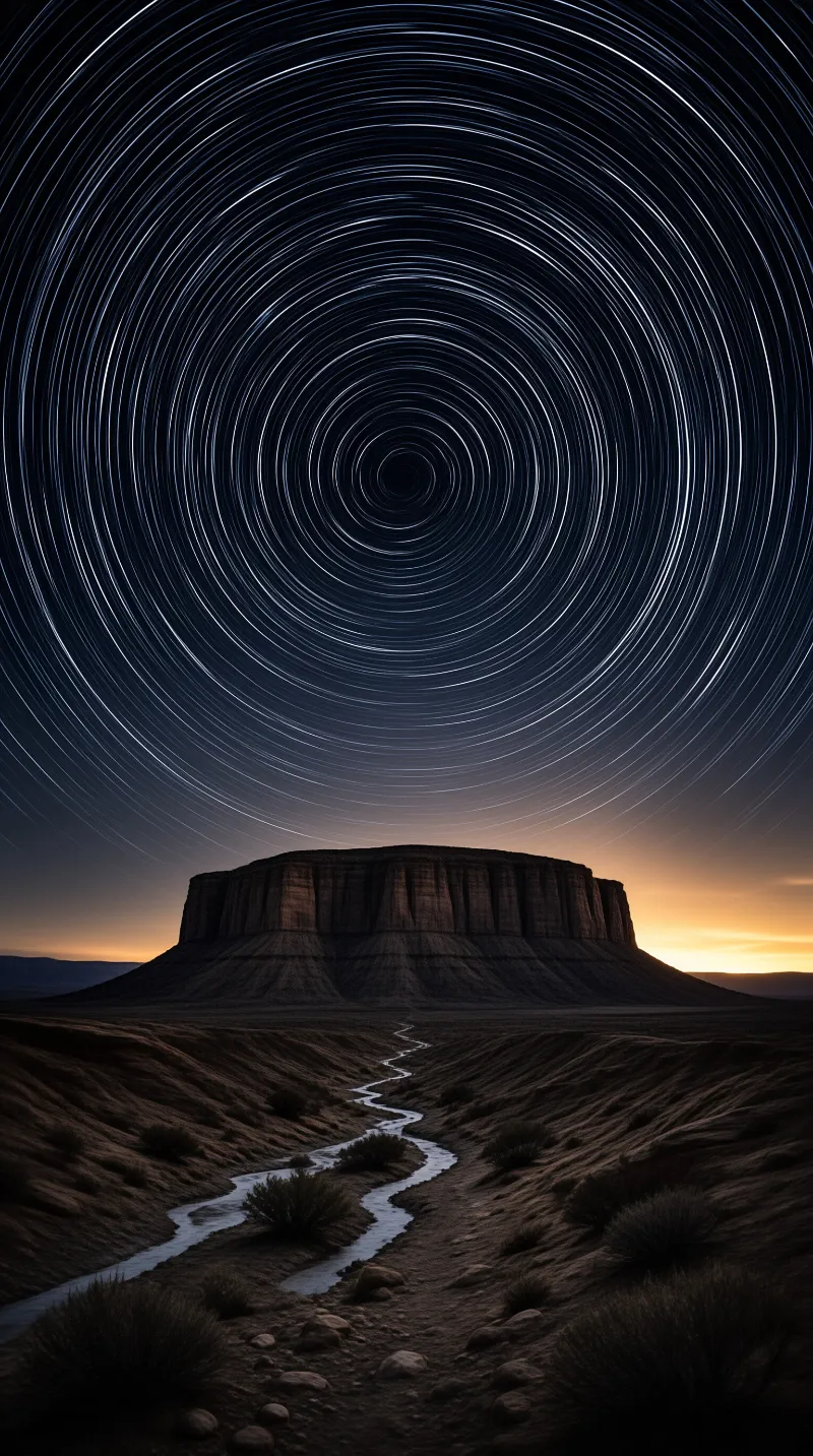 Long exposure star trails spiral across the night sky above a flat-topped desert mesa and a winding dry creek.