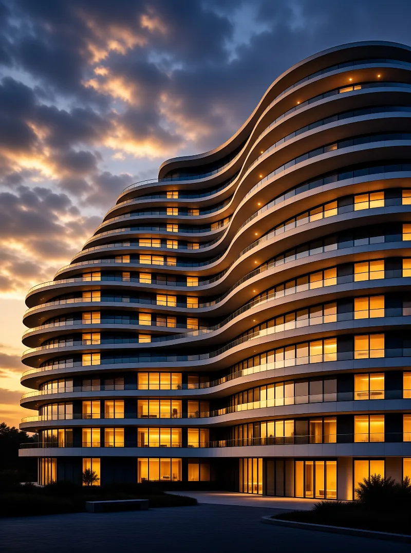 A sweeping modern glass residential building glows with warm interior lights against a dramatic clouded sunset sky.