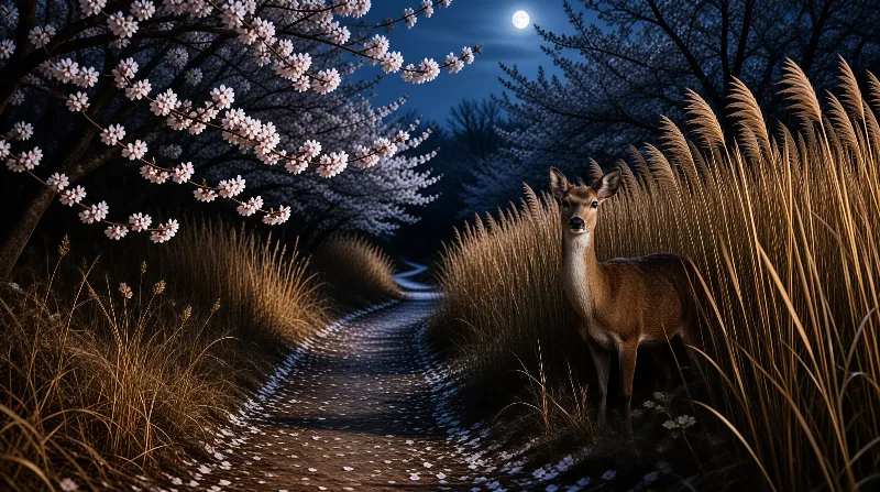 A brown deer stands among tall reeds beside a path scattered with petals under a full moon and blooming branches.