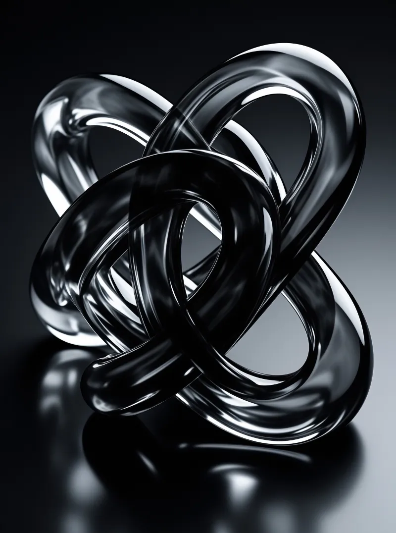 A glossy black knotted tube floats within a dark gradient void showing sharp highlights.