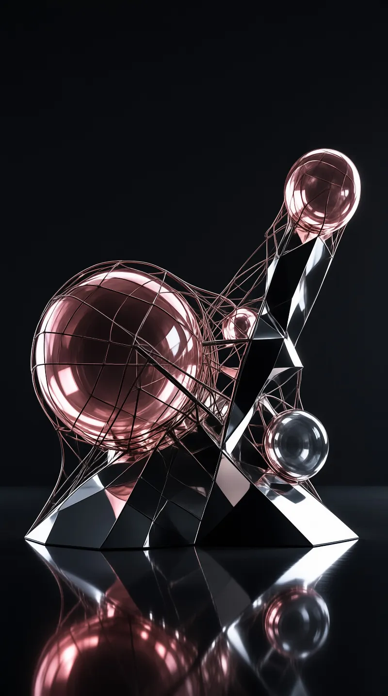 Metallic abstract form combines pink geometric spheres and sharp angular structures against a deep black background.