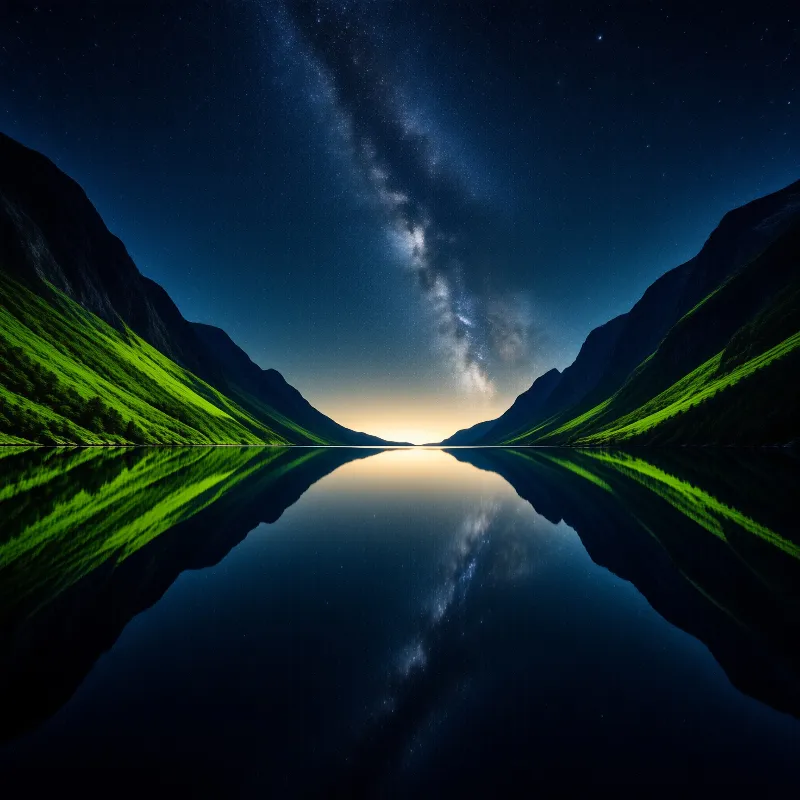 Night landscape with the Milky Way above green mountains and a still lake mirroring the starry sky and horizon glow.