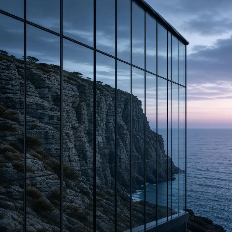 Glass Building Reflecting Cliffs and Ocean