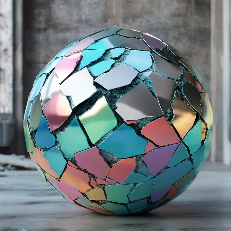 A cracked-glass ball built from pastel shards of mirror sits on a worn concrete floor.