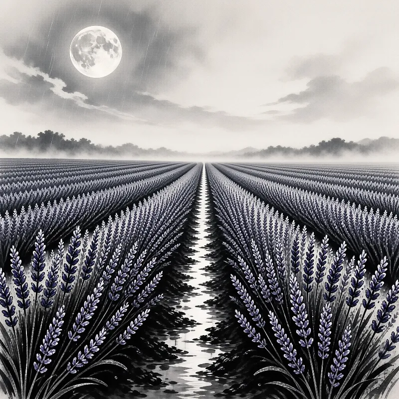 Painted furrows of purple bloom recede toward mist while fine rain falls under a bright moon.