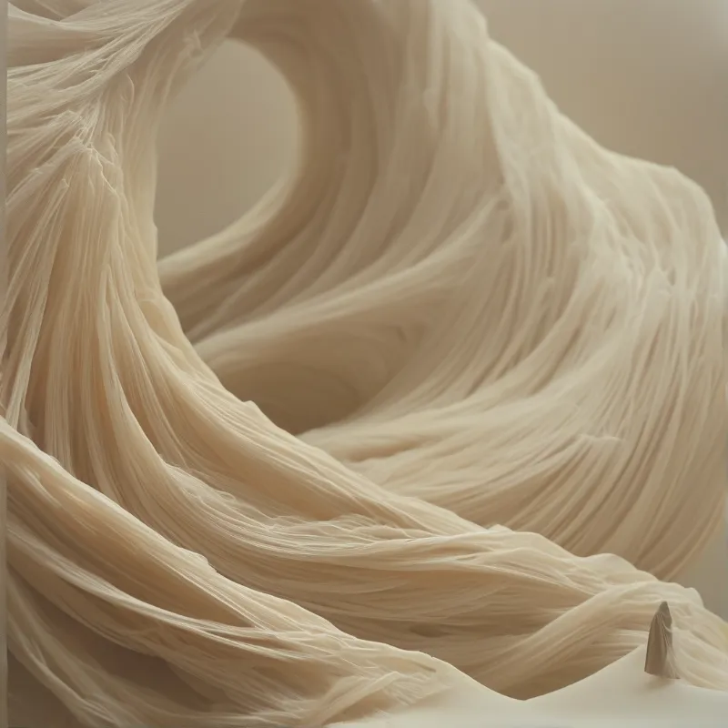 Macro view of cream colored fibers twisting into a spiral tunnel shape.