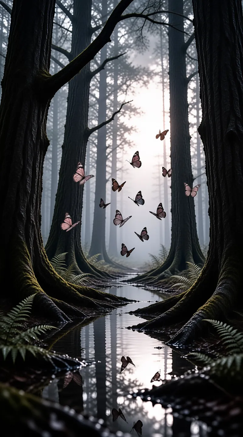 Insects hover above a waterway winding through dense woods as sunlight filters through fog around massive roots.