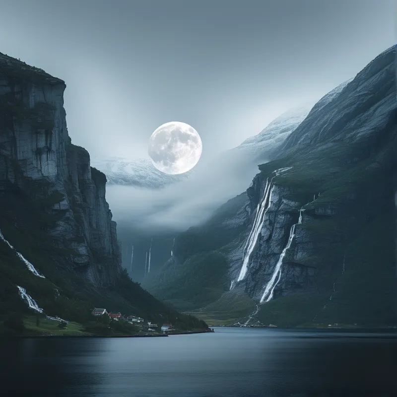 A bright full moon hangs above a misty mountain valley with waterfalls and a small village near a calm lake.