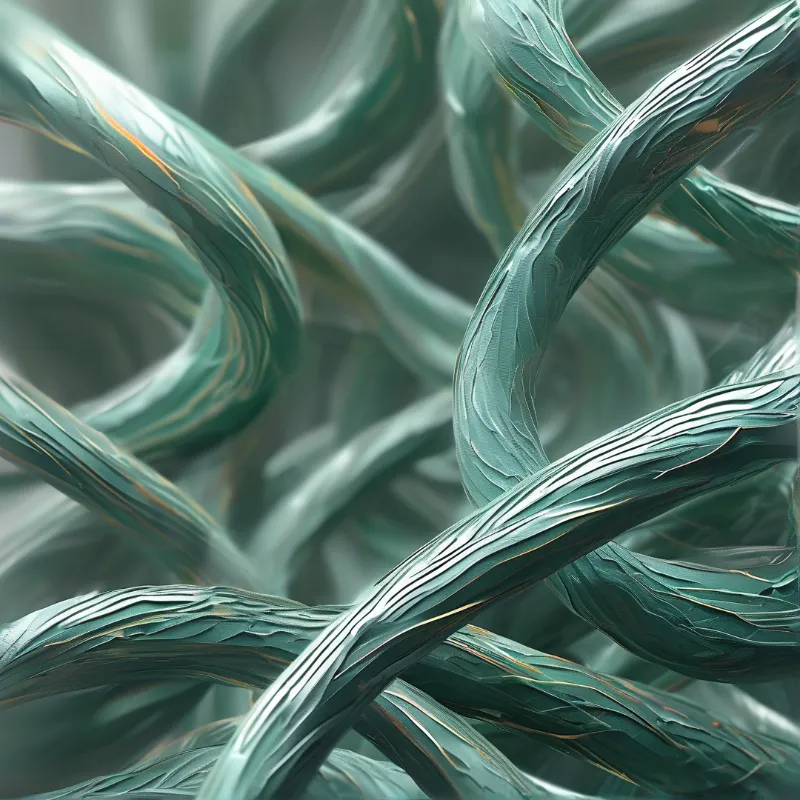 Winding teal metallic shapes intertwine across the frame featuring subtle gold streaks and soft reflective lighting.