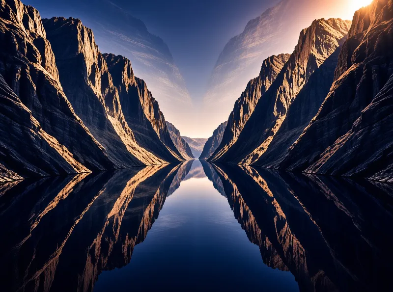 A dramatic rocky gorge displays a perfect mirror reflection of the peaks and sky in the still water.