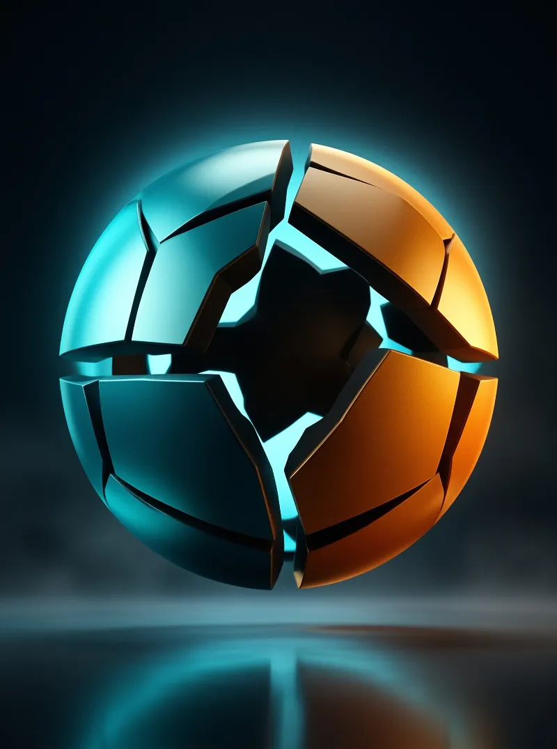 A fractured orb split between blue and orange sections floats above a reflective surface with light radiating from the center.