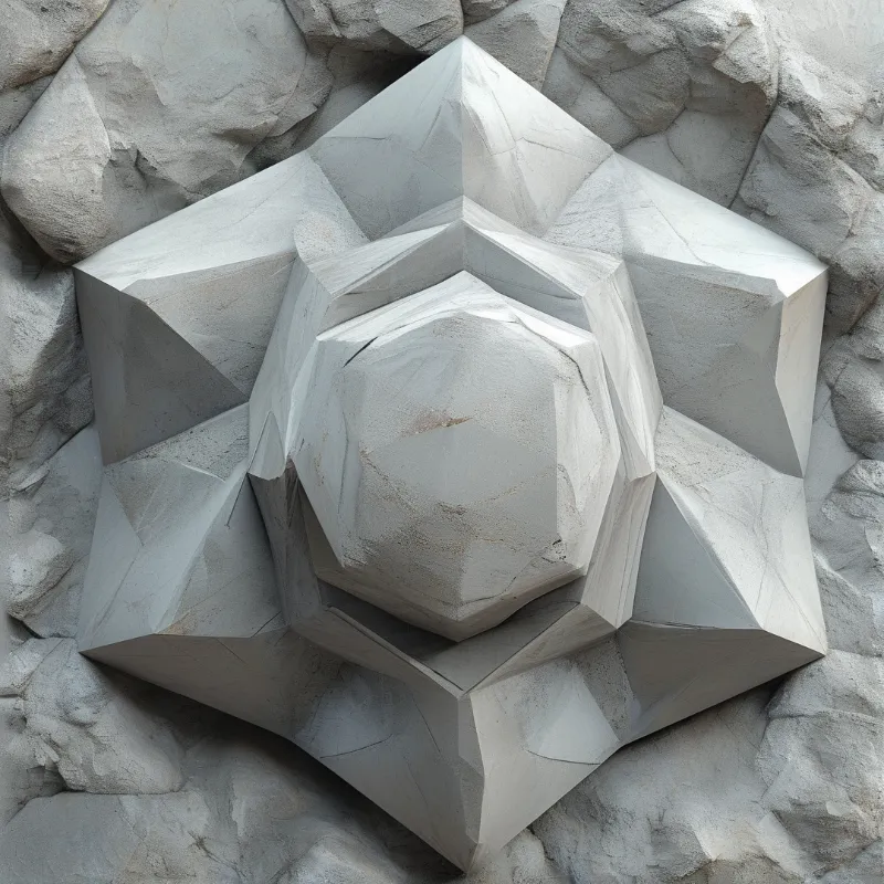 Carved white stone polyhedron resting on uneven grey bedrock with soft diffused shadows highlighting geometric facets.