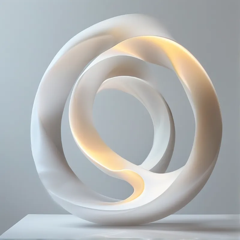 White looped sculpture sits on a pale grey pedestal, with warm amber light glowing along its inner curves on a neutral backdrop.