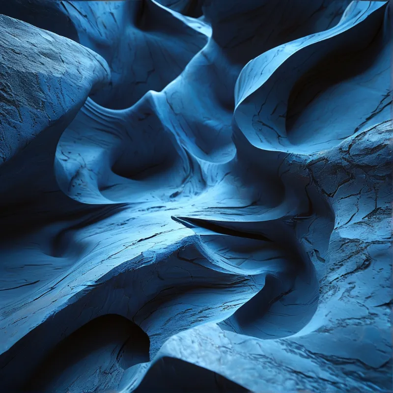 Smooth blue rock walls curve inward creating a narrow passage filled with cool shadows and intricate erosion patterns.