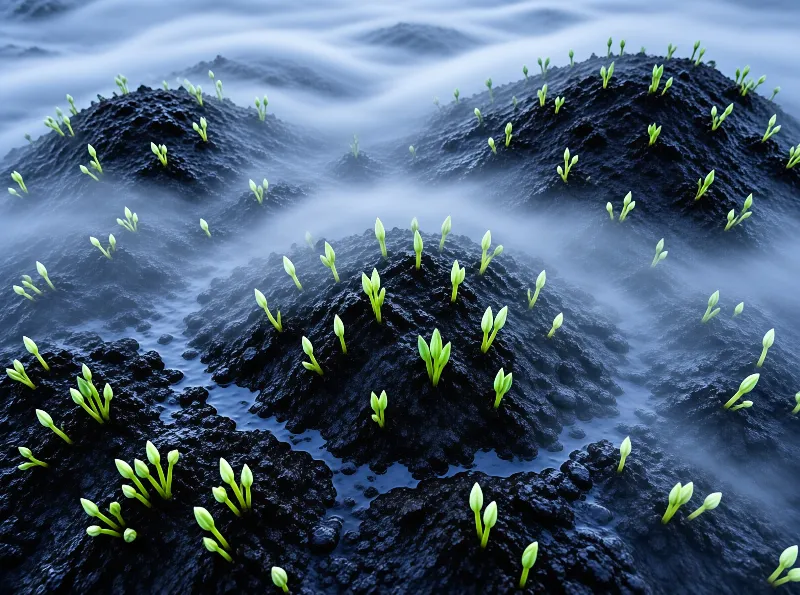 Green Sprouts in Misty Soil