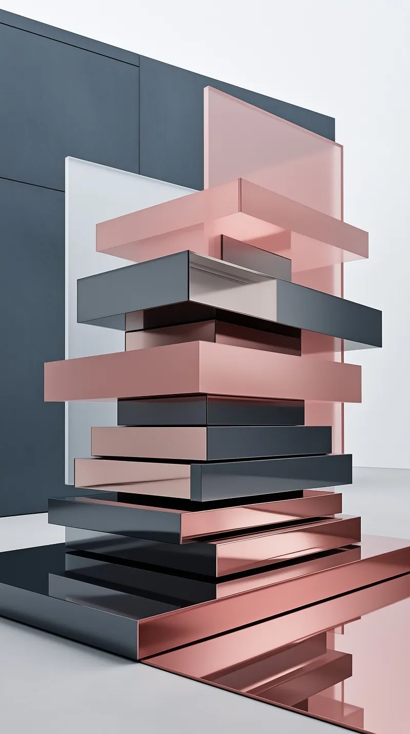 Stack of metallic rose gold and dark grey prisms against a white background with soft reflections.