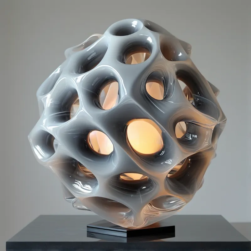 Glossy grey perforated sculpture on a black stand glowing with warm amber light from within.
